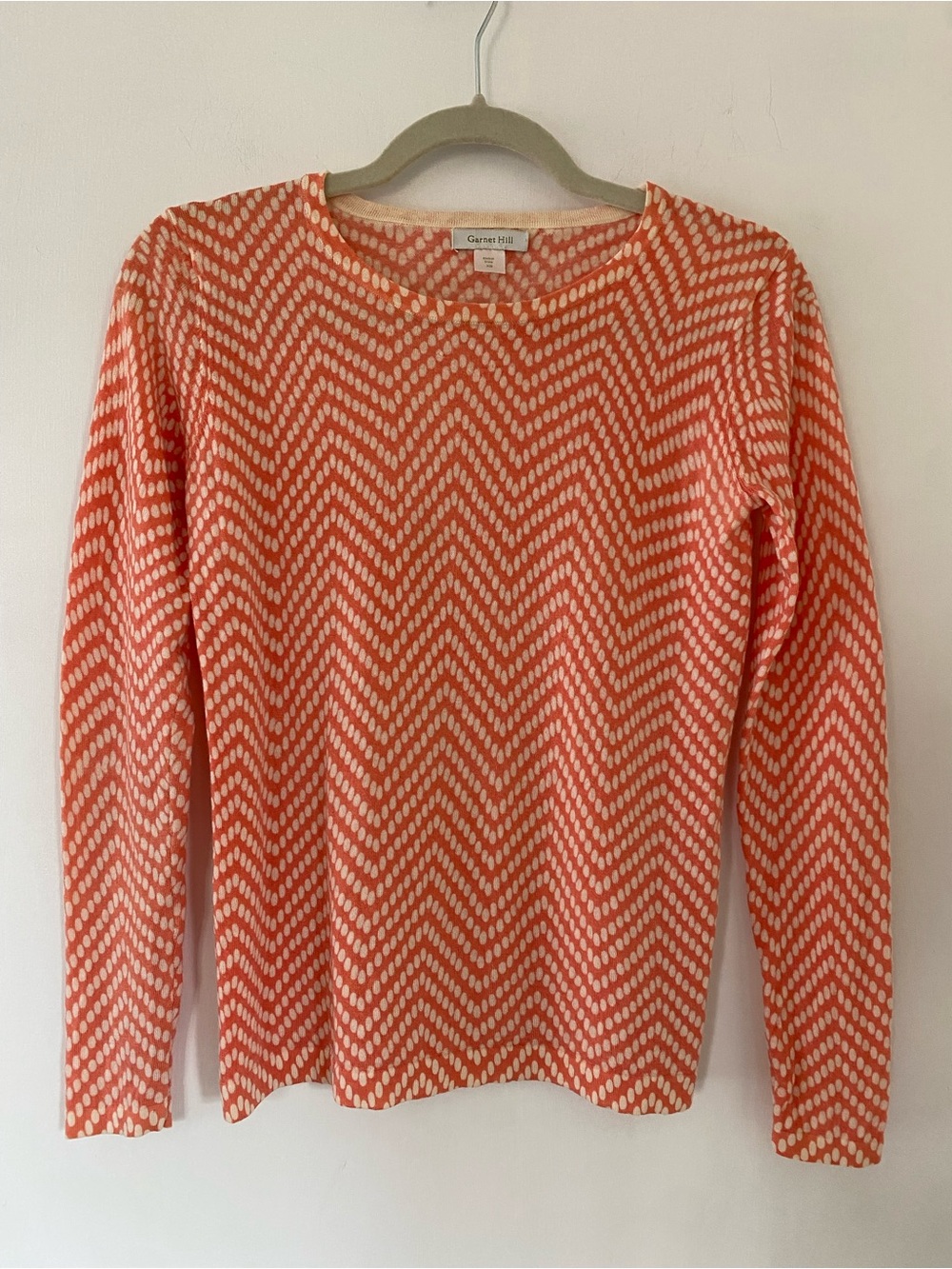 Garnet Hill 100% Merino Wool Sweater Coral and White Polka Dot Zigzag XS